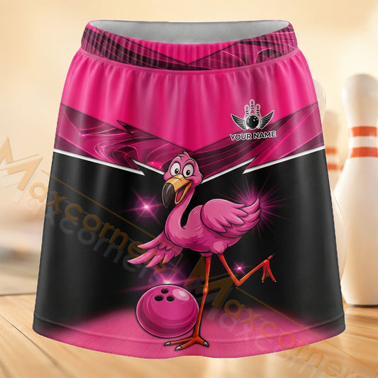 Maxcorners Bowling Pink Flamingo Personalized 3D Skort, Skirts With Shorts