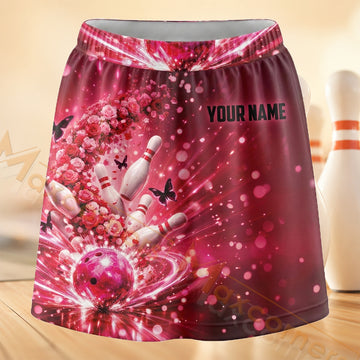 Maxcorners Bowling Pink Sparkle Strike Personalized 3D Skort, Skirts With Shorts