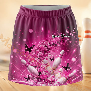 Maxcorners Bowling Pink Glitter Butterfly Personalized 3D Skort, Skirts With Shorts