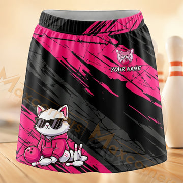 Maxcorners Bowling Pink Cat Racing Personalized 3D Skort, Skirts With Shorts