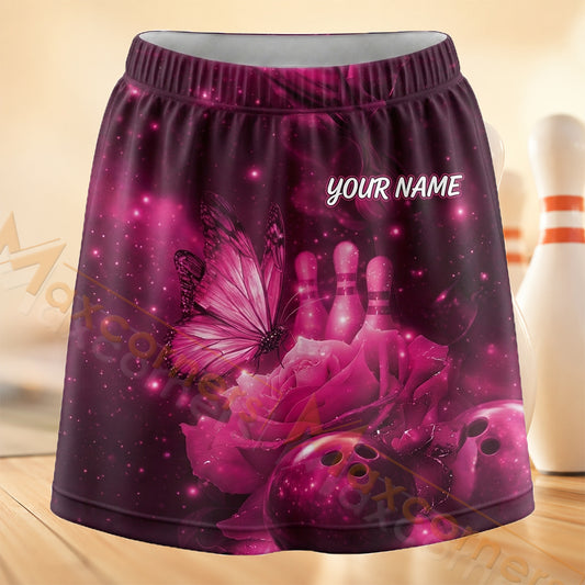 Maxcorners Bowling Dark Pink Floral Strike Personalized 3D Skort, Skirts With Shorts