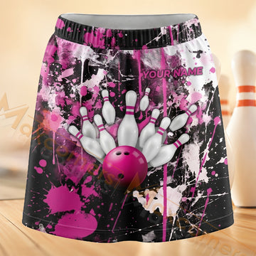 Maxcorners Bowling Pink Grunge Paint Splatter Personalized 3D Skort, Skirts With Shorts
