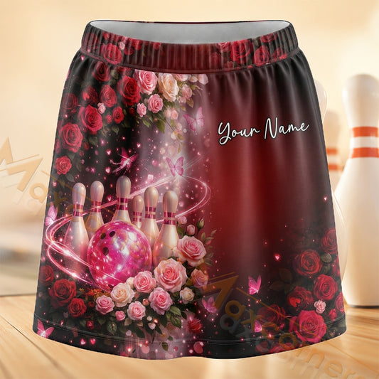 Maxcorners Bowling Red Rose Floral Personalized 3D Skort, Skirts With Shorts