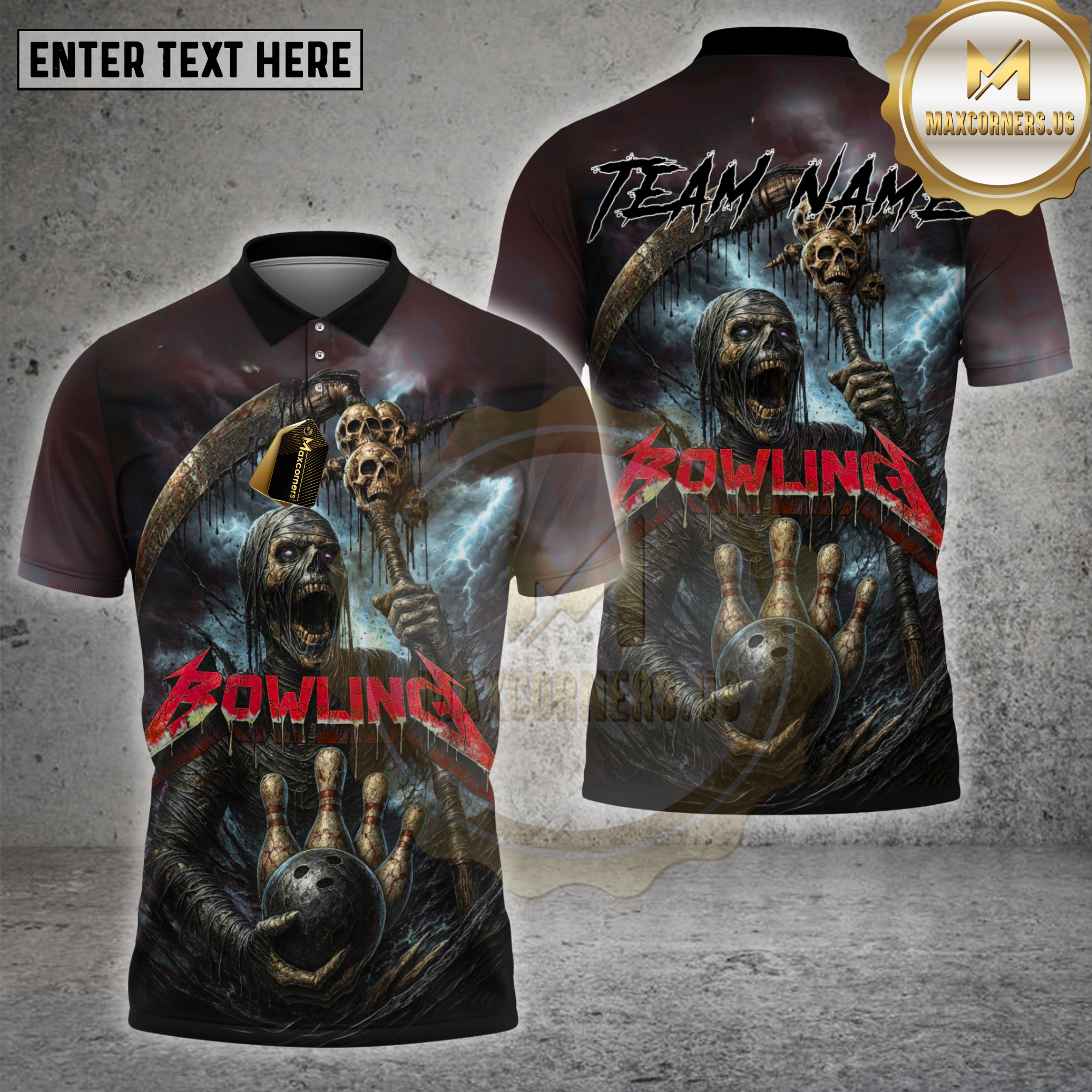 Maxcorners bowling shirt with dark grim reaper holding skull staff and bowling ball, Metallica-style Bowling text, stormy horror background, customizable team name and name 3D shirt