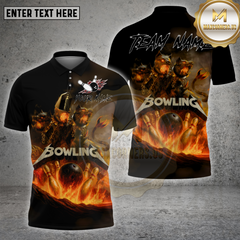 Maxcorners bowling shirt with fiery Cerberus three-headed dog, flaming bowling ball and pins, inferno background, personalized team name and name unisex 3D polo shirt