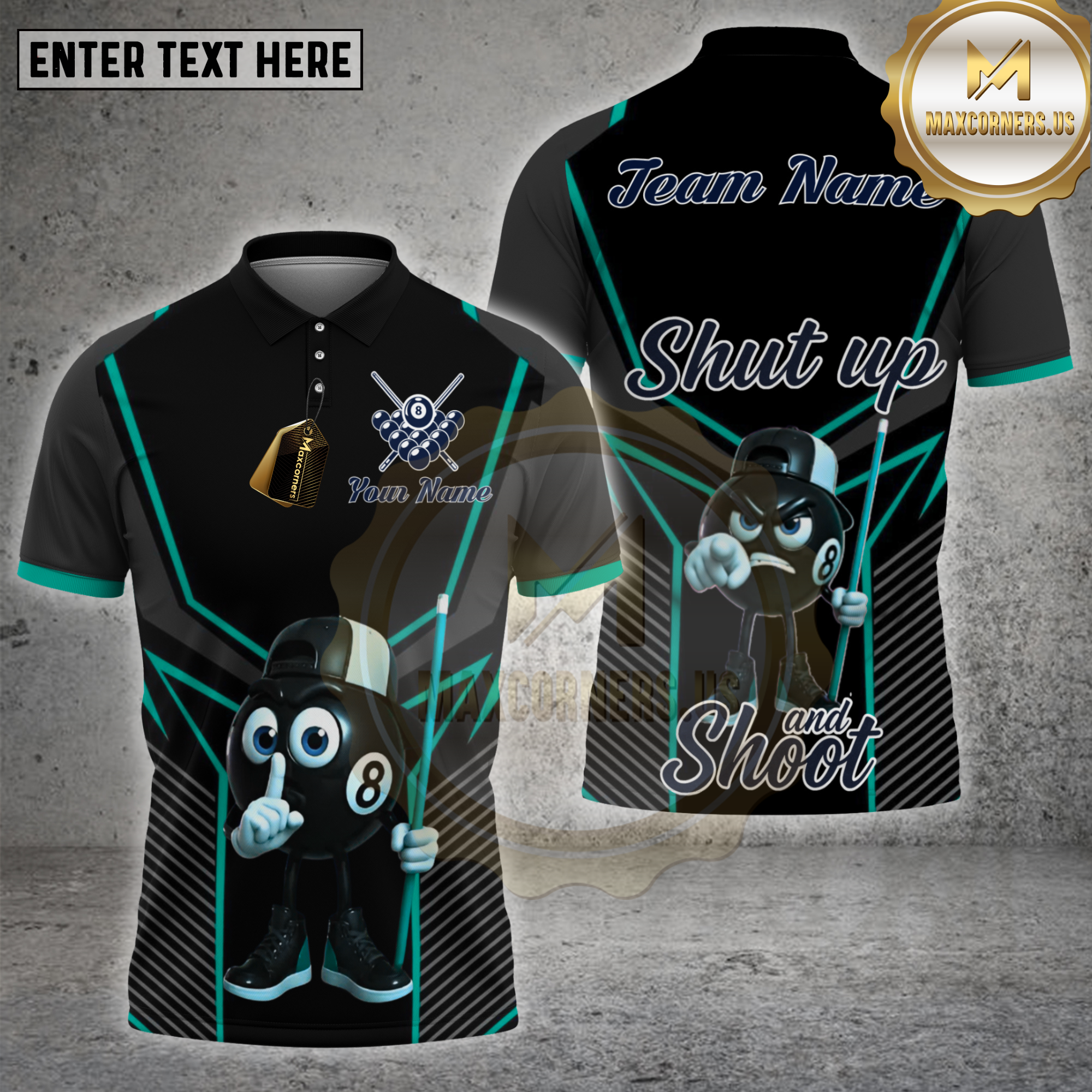 Maxcorners billiards shirt with 8 ball cartoon character holding cue stick, black and orange geometric design, slogan Shut Up and Shoot, personalized team name and name 3D polo shirt