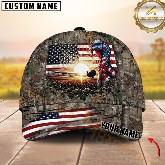 Maxcorners Hunting American Flag Turrkey Sunrise Farm Scene Camo Custom Name 3D Cap (6 Colors)