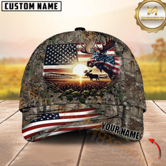 Maxcorners Hunting American Flag Moose Sunrise Farm Scene Camo Custom Name 3D Cap  (6 Colors)