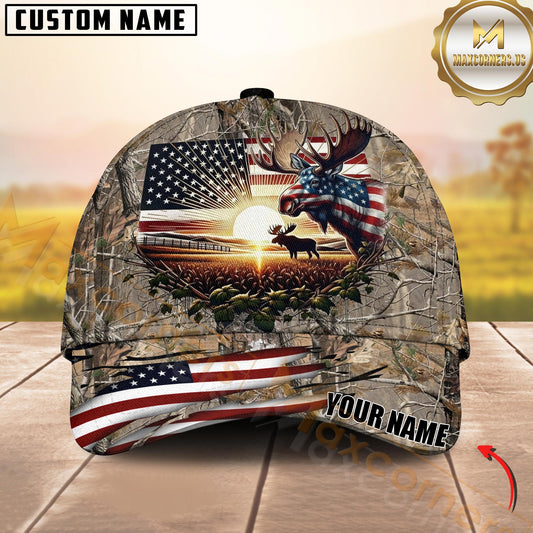 Maxcorners Hunting American Flag Moose Sunrise Farm Scene Camo Custom Name 3D Cap  (6 Colors)
