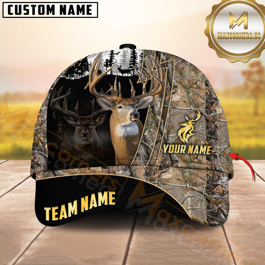 Maxcorners Hunting Whitetail Deer Duo Forest Silhouette Camo Custom Name 3D Cap (6 Colors)