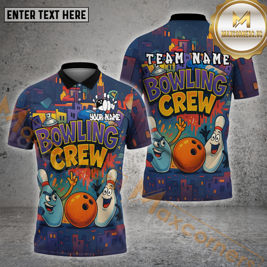 Maxcorners Bowling Shirt Cartoon City Crew Multicolor Options Personalized Name, Team Name 3D Shirt (4 Colors)