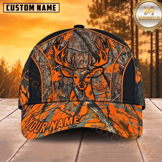 Maxcorners Deer Hunting Whitetail Buck Black Orange Graphic Customized Name 3D Cap