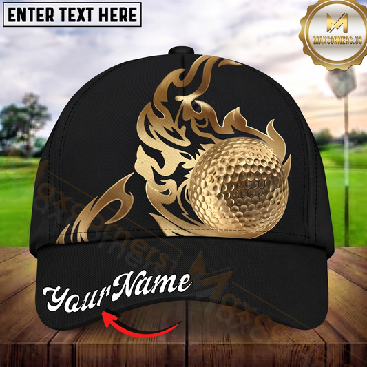 Maxcorners Golf Golden Ball Tribal Flame Personalized Name 3D Cap