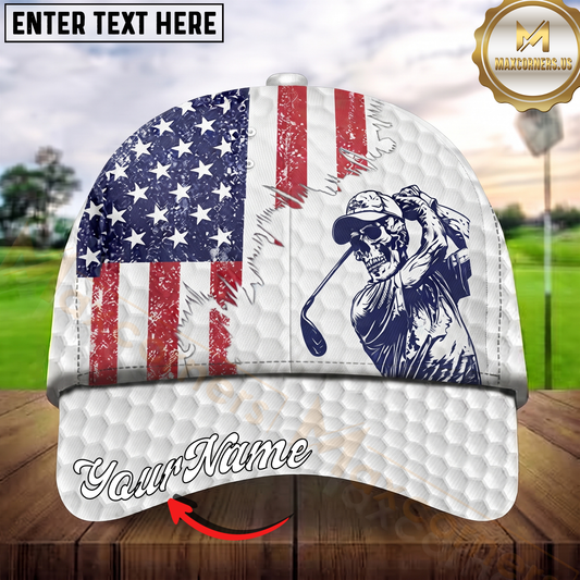 Maxcorners Golf Skeleton Golfer Patriotic Vintage Personalized Name 3D Cap