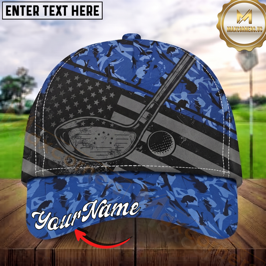 Maxcorners Golf Thin Blue Line American Flag Personalized Name 3D Cap