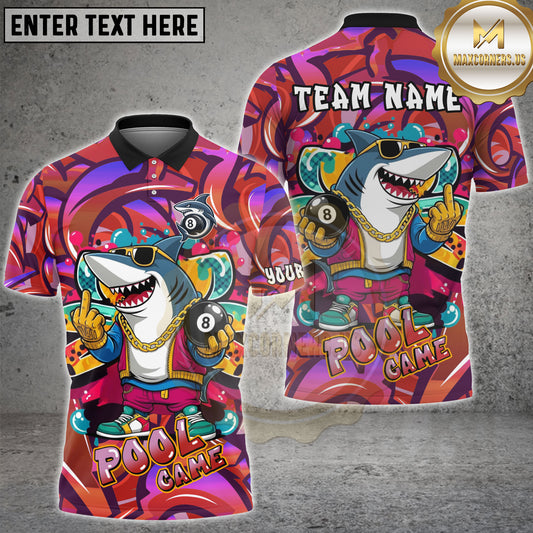 Maxcorners Pool Game Shirt Cartoon Shark Billiards Graffiti Style Multicolor Options Personalized Name, Team Name 3D Shirt (4 Colors)