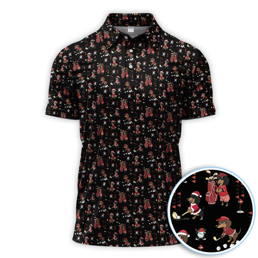 Maxcorners Funny Dachshund Christmas Golf Shirt, Cute Wiener Dog Pattern Polos, Festive Holiday Golf Shirt Gift For Men Golfers