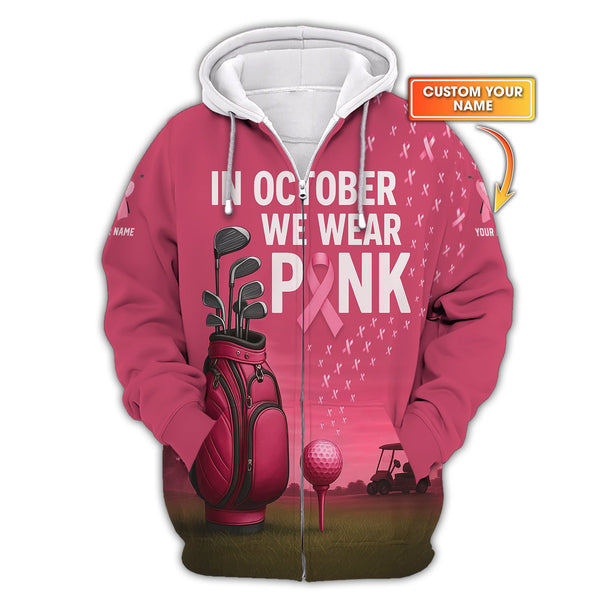 Maxcorners Personalized Breast Cancer Golf Shirt, In October We Wear Pink Shirt With Custom Name, Pink Golf Shirt For Golfer