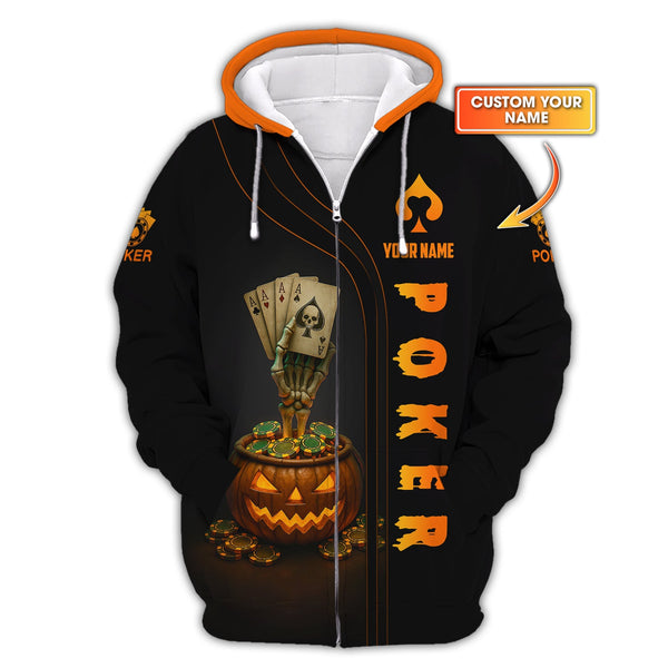 Poker Halloween Shirt, Funny Poker T-Shirt, Custom Name Skeleton Pumpkin Poker Polos