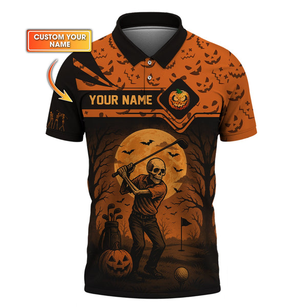 Maxcorners Personalized Name Halloween Skull Golf Shirt, Crazy Golf Shirts For Men's, Funny Golf Polos