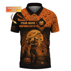 Maxcorners Personalized Name Halloween Skull Golf Shirt, Crazy Golf Shirts For Men's, Funny Golf Polos