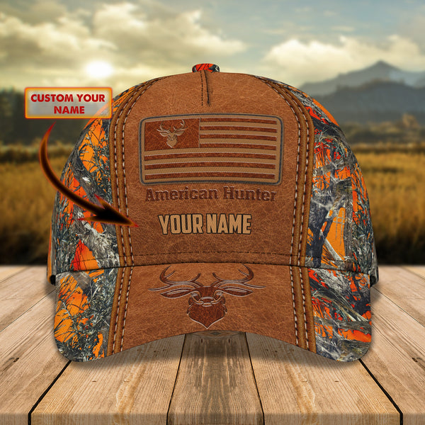 Maxcorners Deer Hunting American Flag Orange Camo With Leather Pattern Personalized Cap