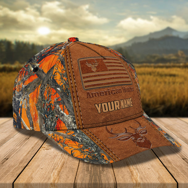Maxcorners Deer Hunting American Flag Orange Camo With Leather Pattern Personalized Cap