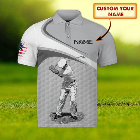 Maxcorners Golf Gray American Flag Customized Name 3D Shirt