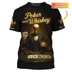 Custom Poker Shirt Skeleton Tuxedo Whiskey Night Tee Gift for Men, Gifts Poker Team Player
