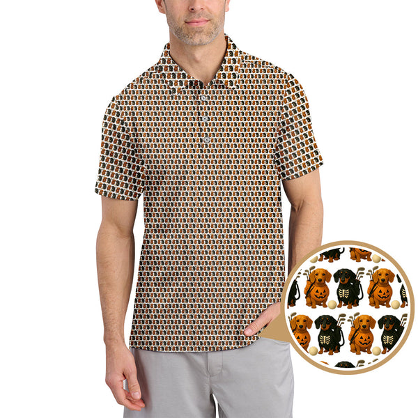 Maxcorners Halloween Golf Shirt, Dachshund Pattern Golf Shirt With Pumpkin And Skeleton, Funny Golf Shirt For Golfer, Dog Golf Shirt