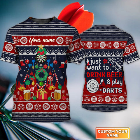 Maxcorners  Just Want To Drink Beer And Play Darts Christmas Gift Personalized 3D All Over Printed Shirt