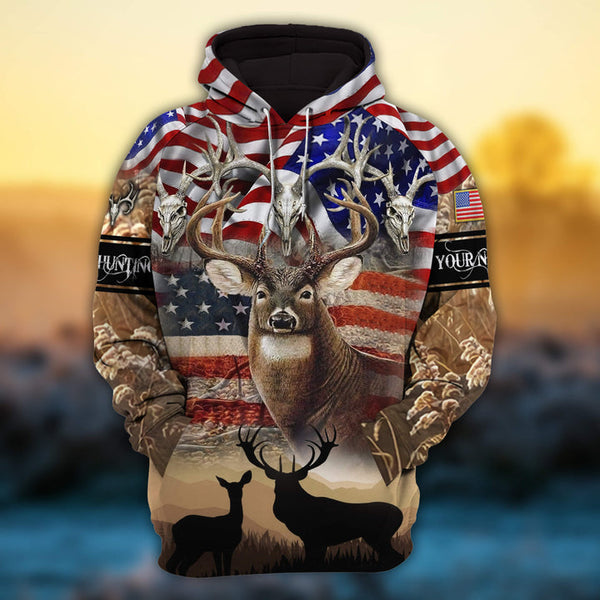 Maxcorners Custom Name US Flag Deer Hunting 3D All Over Printed Clothes