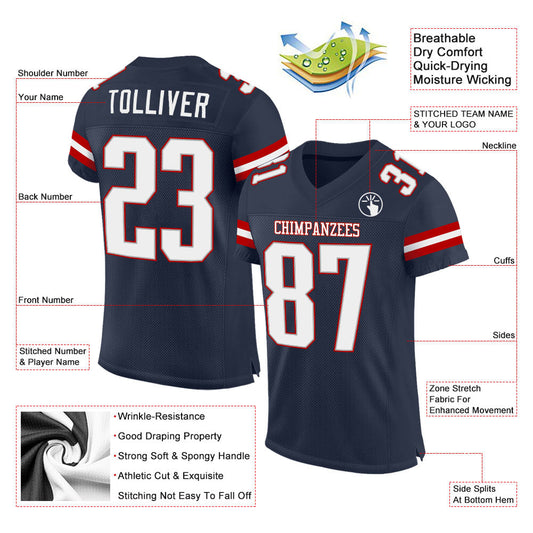 Maxcorners Custom Navy White-Red Mesh Authentic Football Jersey LM2605