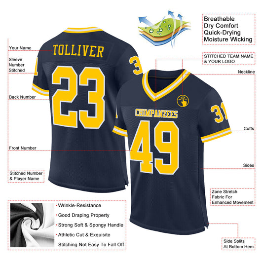 Maxcorners Custom Navy Gold-White Mesh Authentic Throwback Football Jersey LM2605