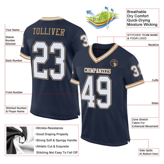 Maxcorners Custom Navy White-Old Gold Mesh Authentic Throwback Football Jersey LM2605