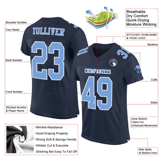 Maxcorners Custom Navy Light Blue-White Mesh Authentic Football Jersey LM2605