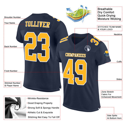 Maxcorners Custom Navy Gold-White Mesh Authentic Game Day Football Jersey LM2605