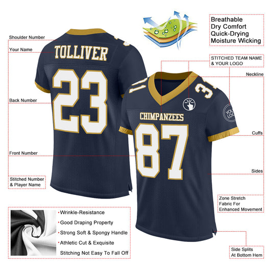 Maxcorners Custom Navy White-Old Gold Mesh Authentic Football Jersey LM2605