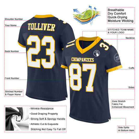 Maxcorners Custom Navy White-Gold Mesh Authentic Classic Football Jersey LM2605