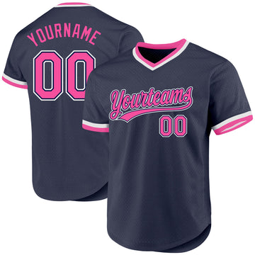 Maxcorners Custom Navy Pink-White Authentic Throwback Baseball Jersey LM2605