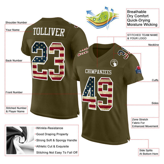 Maxcorners Custom Olive Vintage USA Flag-White Mesh Authentic Salute To Service Football Jersey LM2605