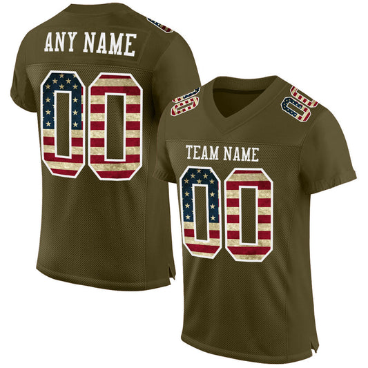 Maxcorners Custom Olive Vintage USA Flag-White Mesh Authentic Salute To Service Football Jersey LM2605