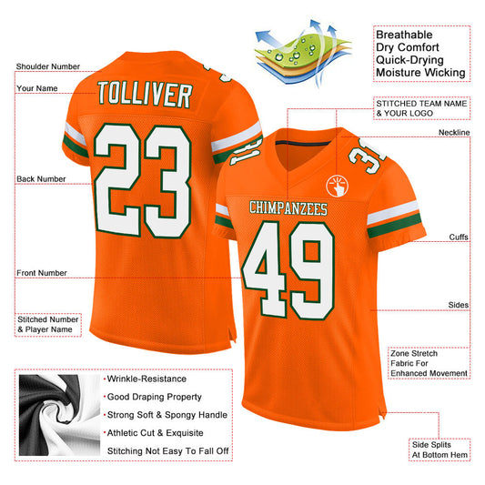Maxcorners Custom Orange White-Green Mesh Authentic Football Jersey LM2605