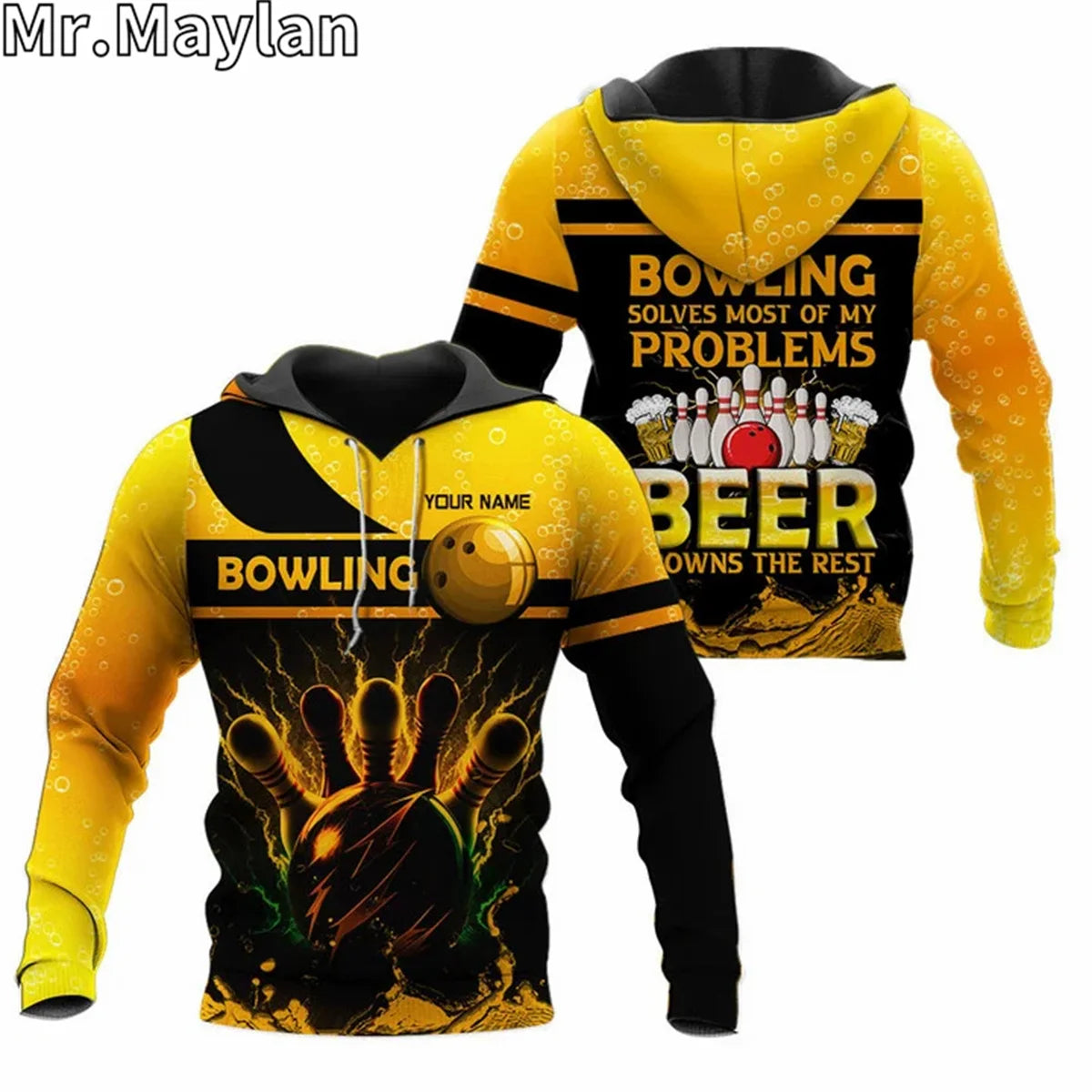 Maxcorners Bowling Yellow Pattern Ball And Pins Digital Customized Name 3D Hoodie