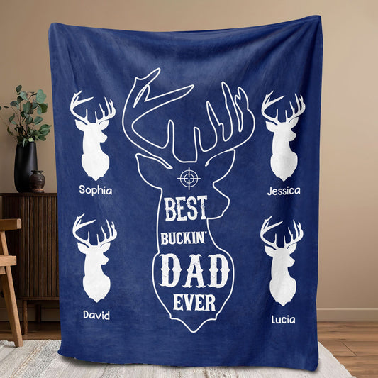 Maxcorners Personalized Hunting Dad Blanket, Custom Kid's Names Soft Cozy Sherpa Fleece Throw Blankets, Best Buckin Dad Ever, Gift for Dad, Grandpa | Blue

 LM1711