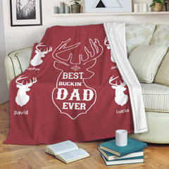 Maxcorners Personalized Hunting Dad Blanket, Custom Kid's Names Soft Cozy Sherpa Fleece Throw Blankets, Best Buckin Dad Ever, Gift for Dad, Grandpa | Red LM1711