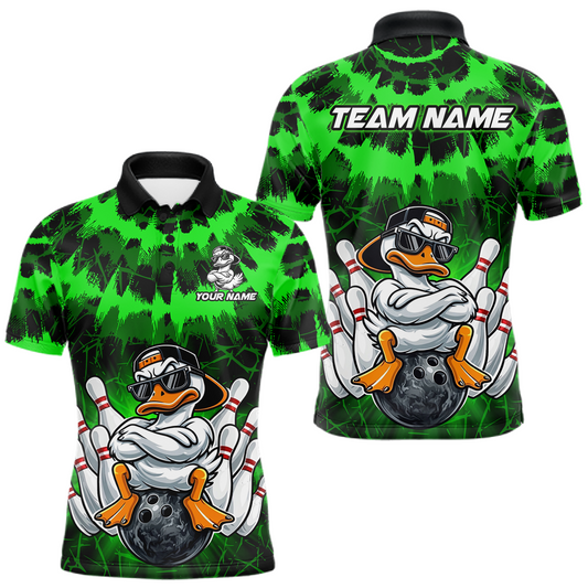 Maxcorners Custom Green Funny Duck Bowling Jersey for Men Bowling Uniform Polo & 1/4 Zip Bowling Team Shirts