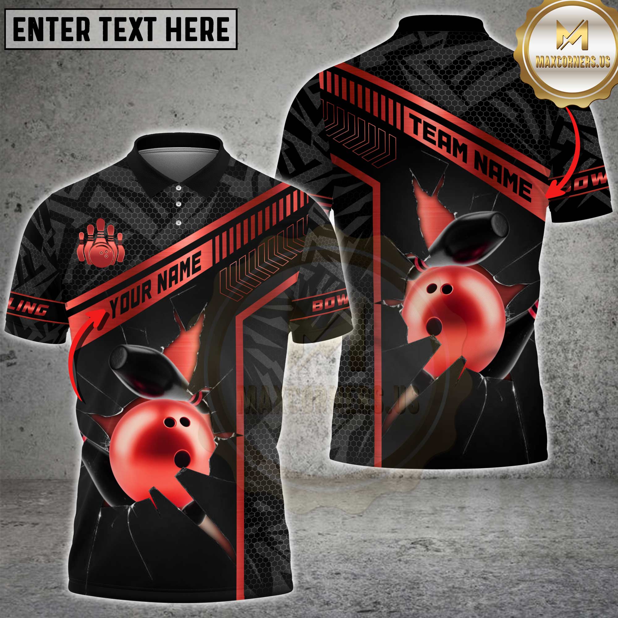 Maxcorners bowling shirt featuring gold strike line pattern, unisex 3D polo with custom name and team option