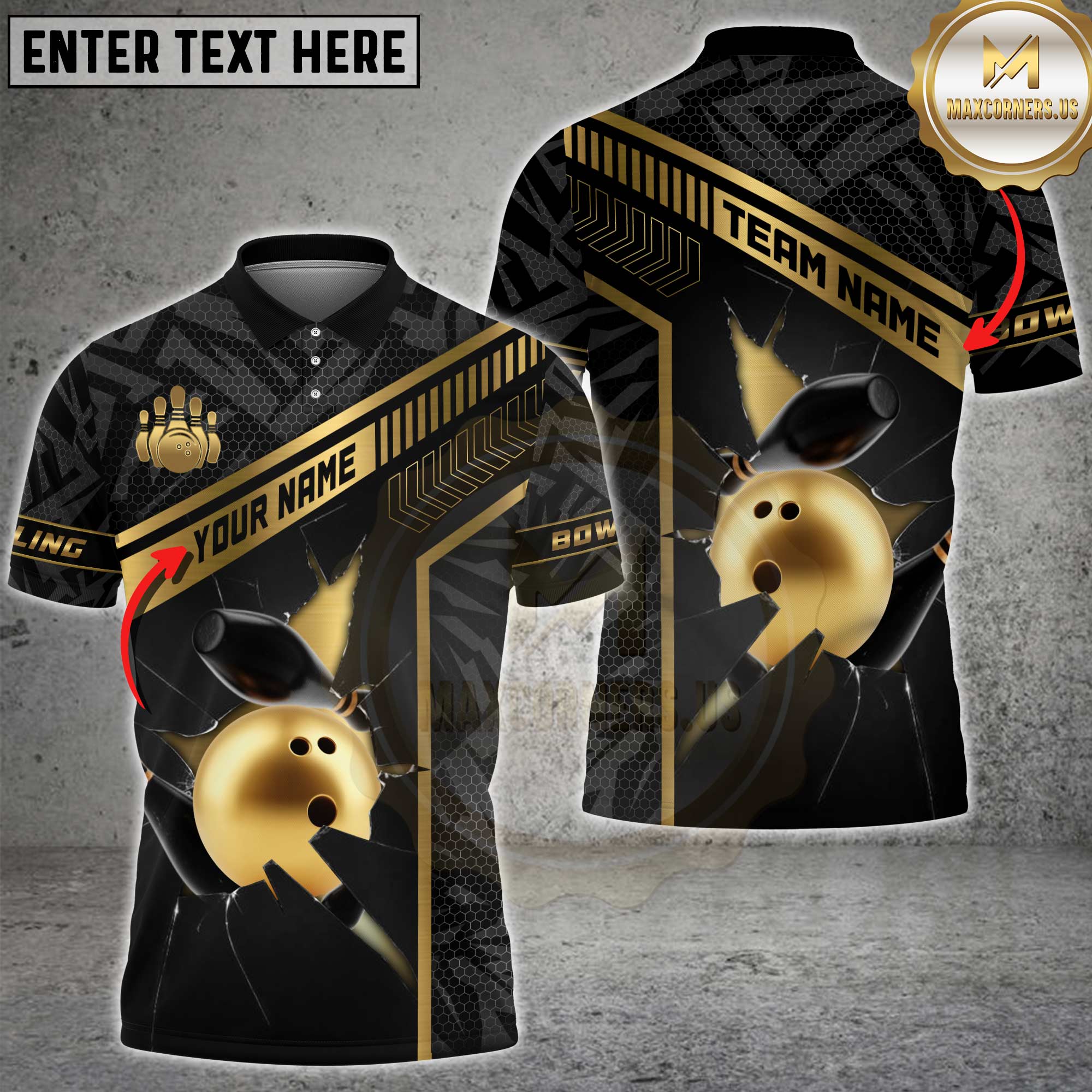 Maxcorners bowling shirt featuring gold strike line pattern, unisex 3D polo with custom name and team option