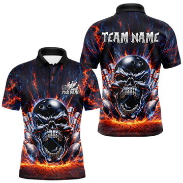 Maxcorners Custom Skull Bowling Jersey for Men - Flaming Strike Personalize Bowling Team Shirt Polo & 1/4 Zip LM1202